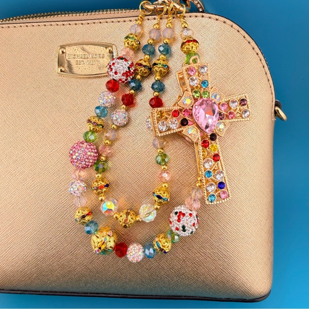 ✝️Luxury Bag/Phone Chain Charm/Keychain Colorful Rhinestone CROSS Crystal Beads